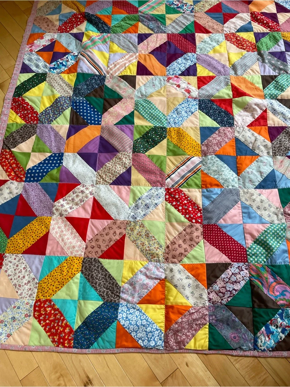 70’s Handmade Machine Zig Zag Stitch Multi Colored Patchwork Throw Lap Quilt